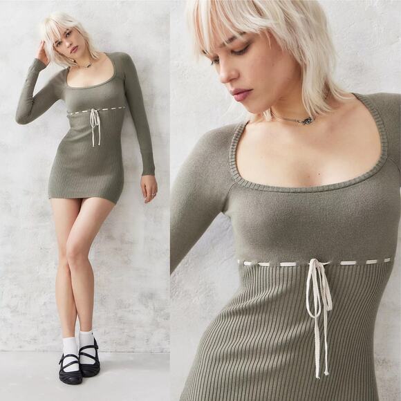 Urban Outfitters Kimchi Blue Edison Knit Sleeve Mini Dress Sage Grunge Y2K L NWT - Picture 1 of 11